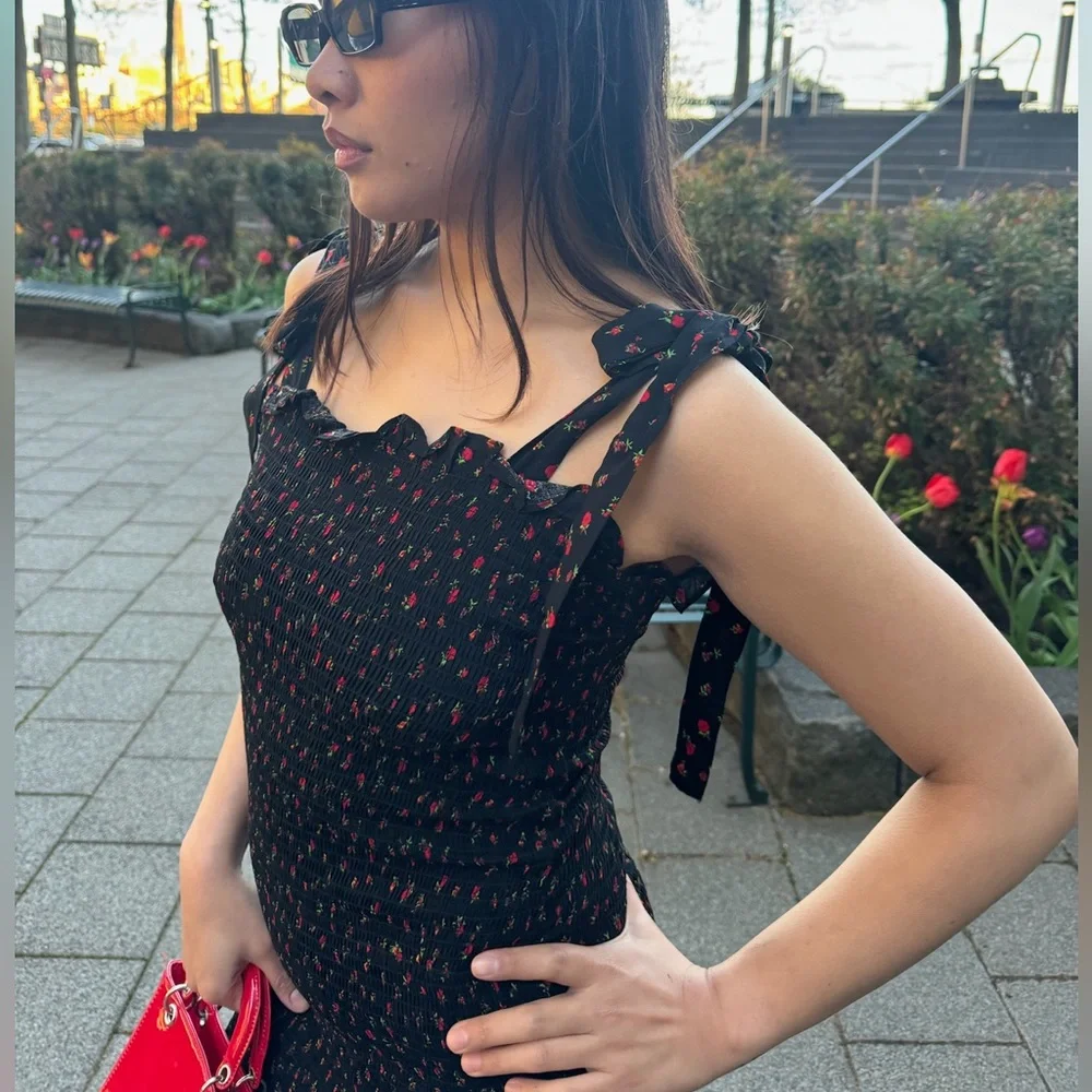 Free People Black & Red Sheath Mini Dress w Bow Tie Shoulder Straps - Size Small - Picture 10 of 14